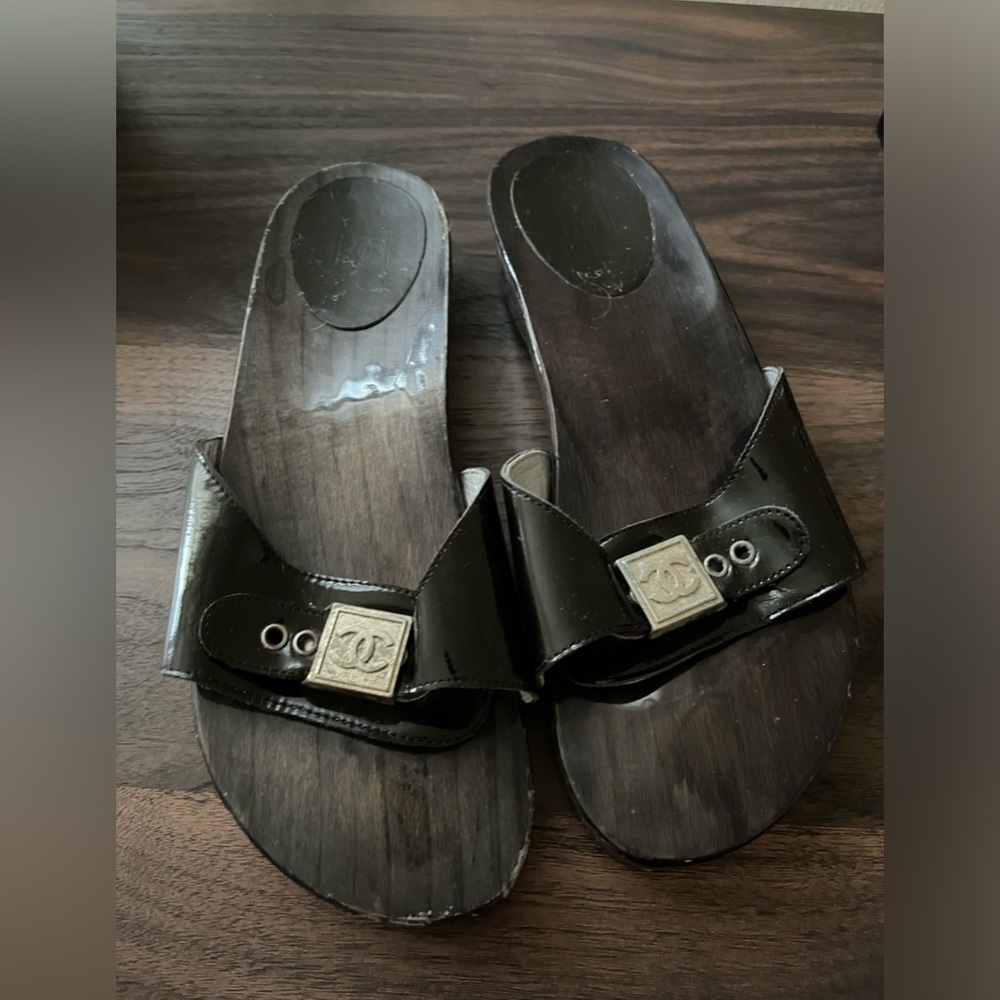 Chanel logo wooden platform slide sandals